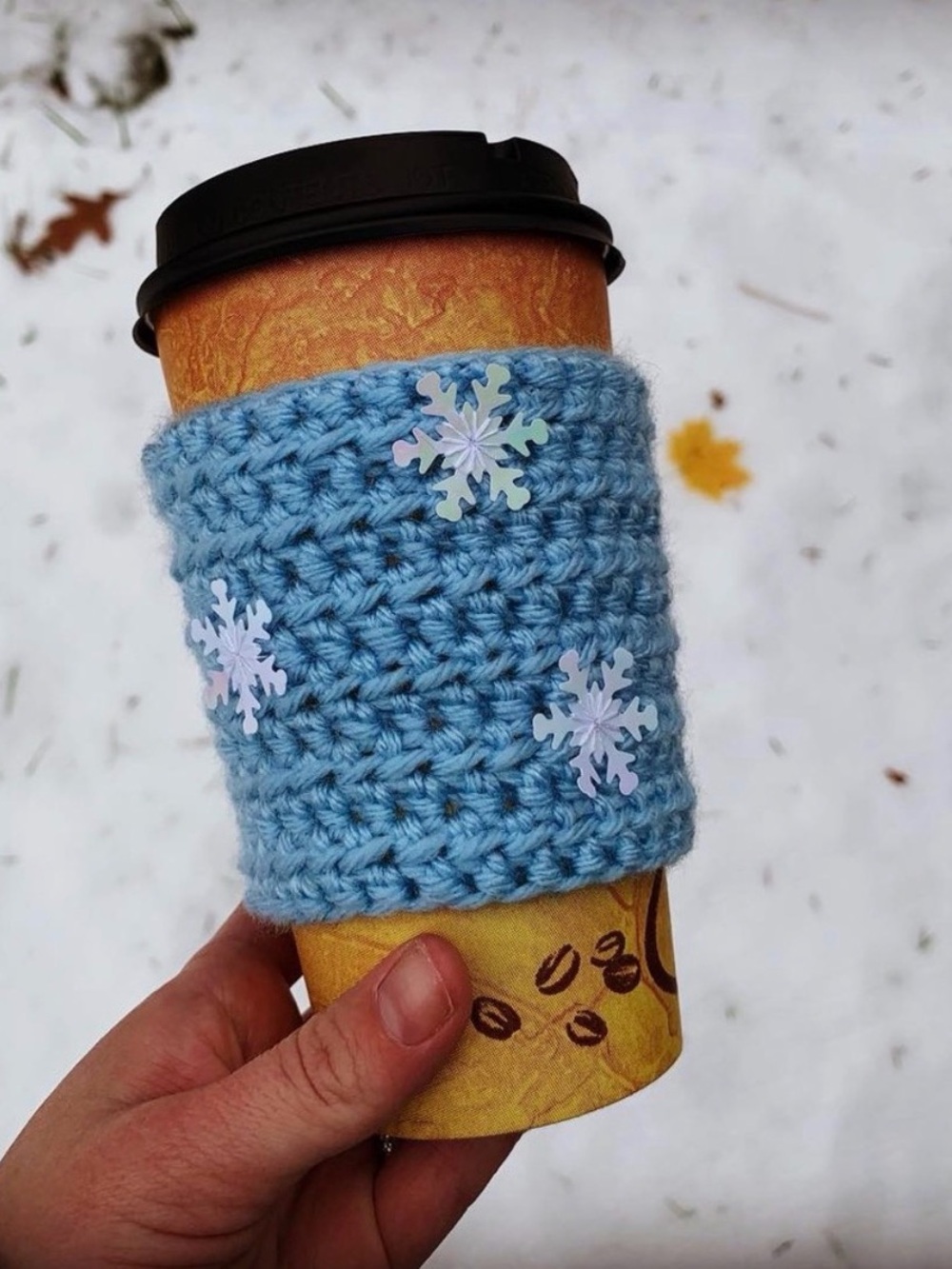 Handmade Light Blue Crocheted Coffee Cozy with Snowflake Accents